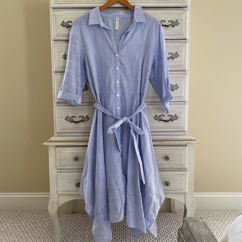 Vici Blue & White Striped Midi Shirt Dress